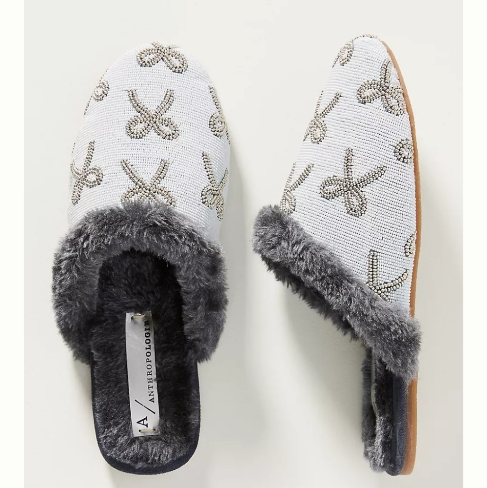 Anthropologie Elsa Beaded Slippers- grey/pale blue
